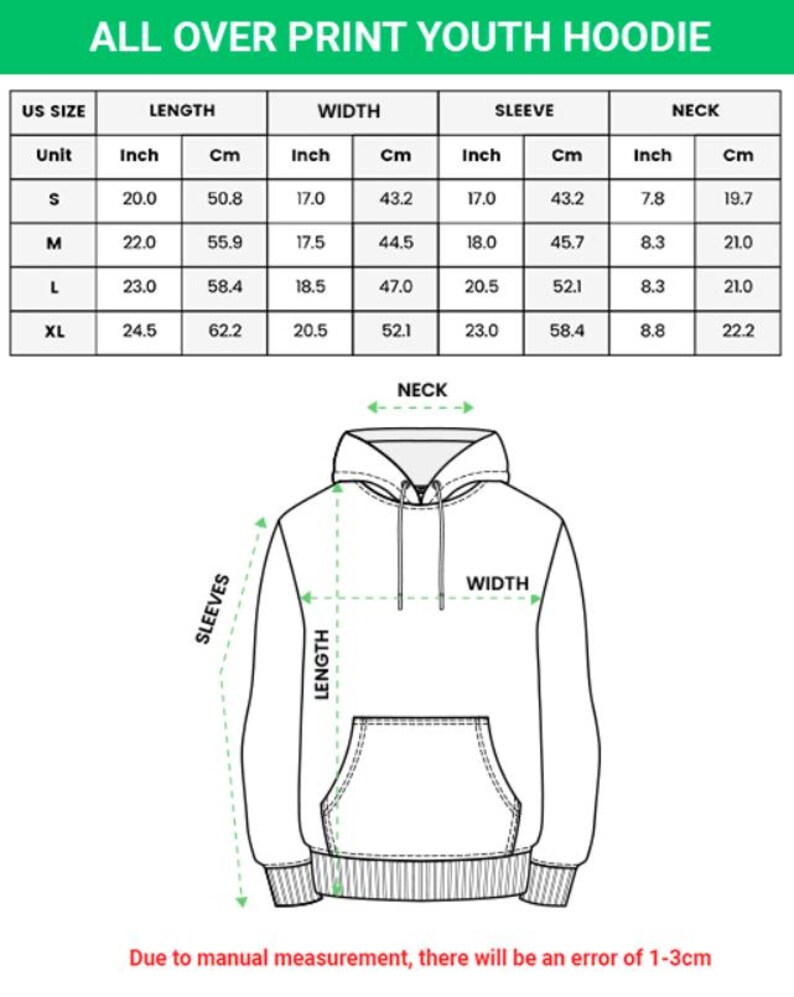 May include: Diagram of a youth hoodie with measurements in inches and centimeters. The chart shows sizes S to XL, with length, width, sleeve, and neck measurements. Text at the top reads "ALL OVER PRINT YOUTH HOODIE."