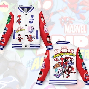 May include: White and red Spidey and His Amazing Friends jacket. The jacket features Spiderman and other characters on the front and back. The sleeves are red with Spiderman logos. The jacket has a blue and white striped collar and cuffs.
