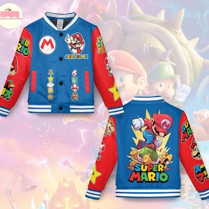 May include: Blue and red Super Mario bomber jacket. The jacket features a large "M" logo and a graphic of Mario on the front. The sleeves are red with various character graphics. The back of the jacket has a large Super Mario graphic.
