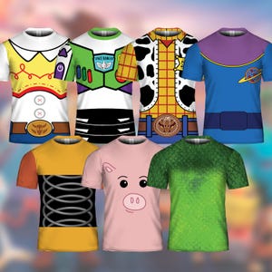 May include: Collection of seven short-sleeved t-shirts featuring character designs from the animated film Toy Story. Designs include Woody, Buzz Lightyear, and other characters. Each shirt has a unique, colorful graphic printed on the front.