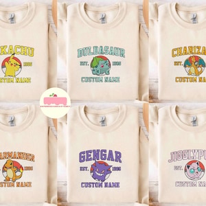 Retro Custom Name Anime Characters Embroidered Sweatshirt, PKM Embroidered Shirt, Gift for Anime Lover, Anime Birthday Shirt, Poke Shirt