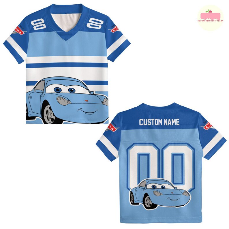 May include: Light blue jersey-style t-shirt featuring a cartoon car character. The front displays the car and the number "88", while the back has "CUSTOM NAME" and the number "00". The shirt has white stripes and blue sleeves.