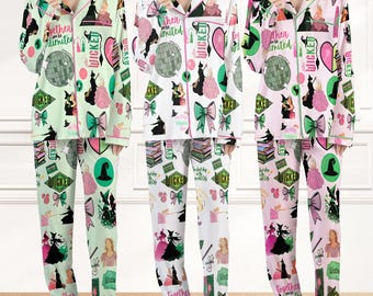Pijama de satén Wicked, pijama de musical de Broadway, conjunto de pijama de Elphaba Glinda, pijama inspirado en El Mago de Oz, ropa de estar por casa de satén acogedora para ella.