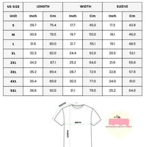 Puede incluir: Una tabla blanca con texto negro que detalla las medidas de las camisetas en pulgadas y cent&iacute;metros. La tabla incluye tallas de la S a la 5XL, con medidas de largo, ancho y manga. Tambi&eacute;n se muestra un diagrama de una camiseta.