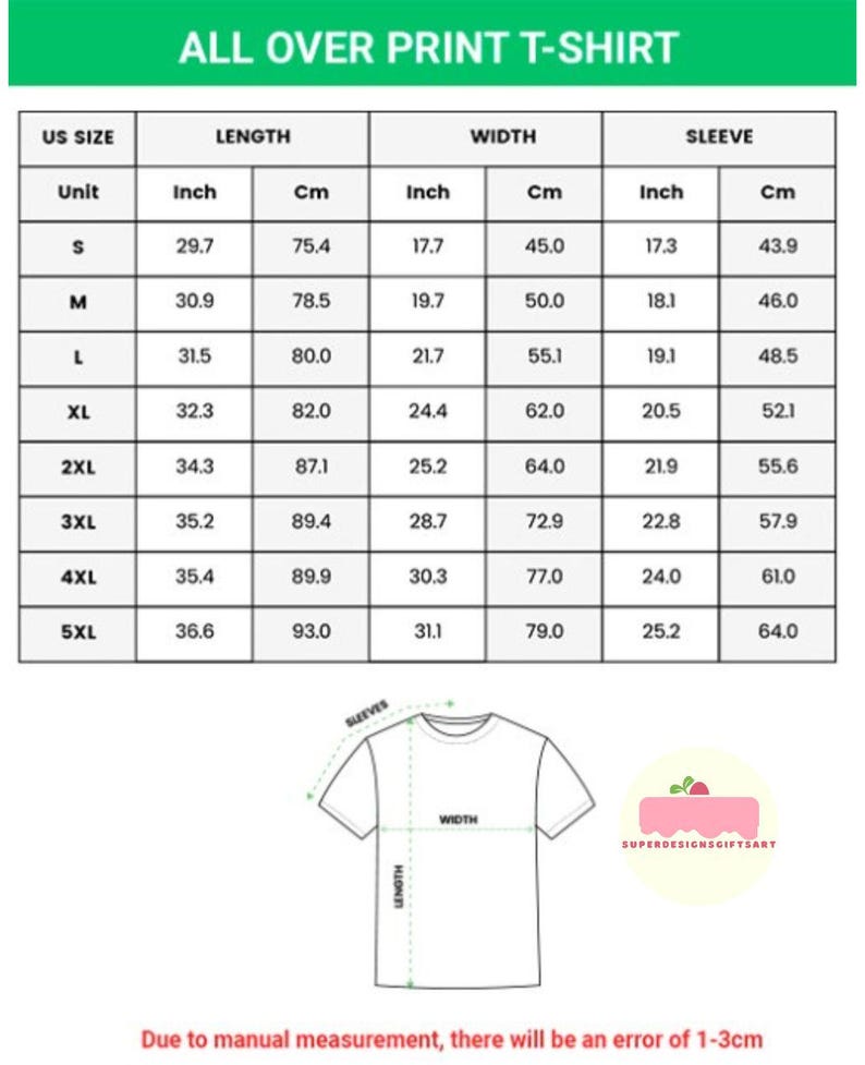 Puede incluir: Una tabla blanca con texto negro que detalla las medidas de las camisetas en pulgadas y cent&iacute;metros. La tabla incluye tallas de la S a la 5XL, con medidas de largo, ancho y manga. Tambi&eacute;n se muestra un diagrama de una camiseta.