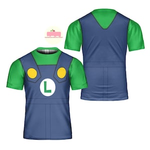 May include: A green and blue t-shirt featuring a design inspired by a video game character. The shirt has green sleeves and a blue body with yellow circles and a white "L" on the front. The back of the shirt is blue with a green neckline.