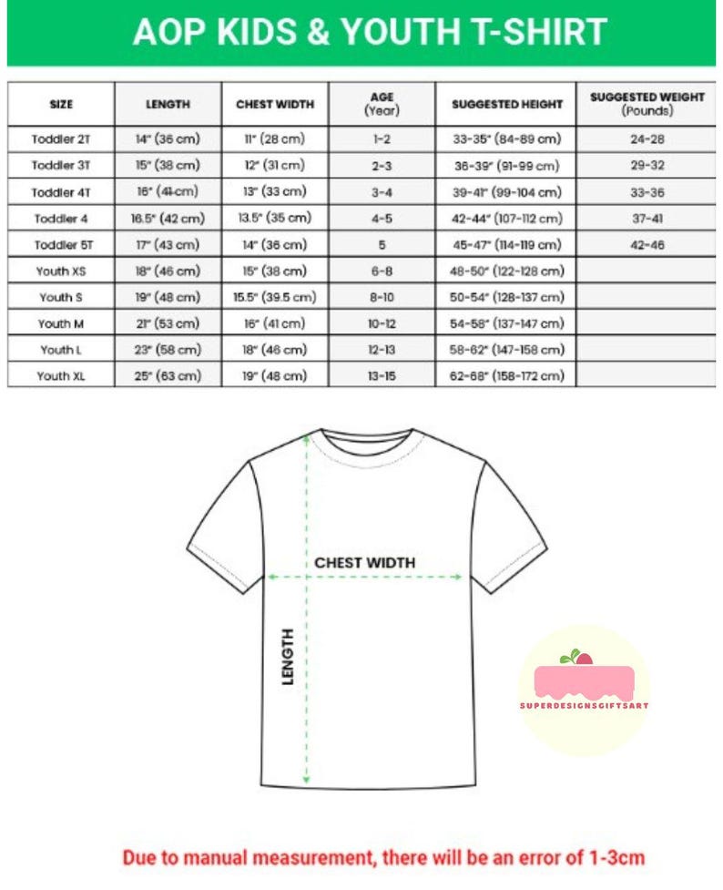 Puede incluir: Tabla de tallas para camisetas AOP Kids & Youth, con tallas, largos en cm, anchos de pecho en cm, rangos de edad, alturas sugeridas en cm y pesos sugeridos en kg. Incluye un diagrama de camiseta con medidas de largo y ancho de pecho.