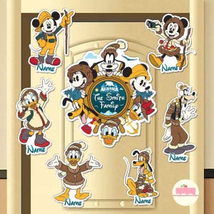 May include: A collection of Disney character stickers, including Mickey Mouse, Minnie Mouse, Donald Duck, Goofy, and Pluto, arranged around a central emblem. The emblem reads "Alaska The Smith Family". Each character has a space for a name.