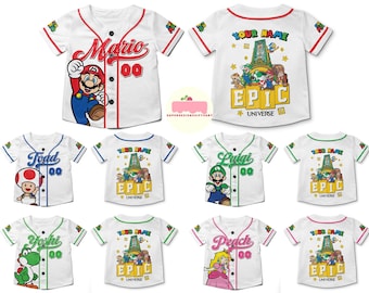Personalized Mario Epic Universe Baseball Jerseys, Mario Luigi Princess Peach Yoshi Toad Bowser Family Shirts, Custom Universal Studios Tee