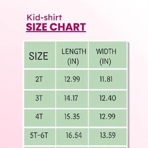 May include: A size chart for children's shirts, with measurements in inches. The chart includes sizes 2T to 7T, with corresponding length and width measurements. The text "Color & Size Guide" is at the top.