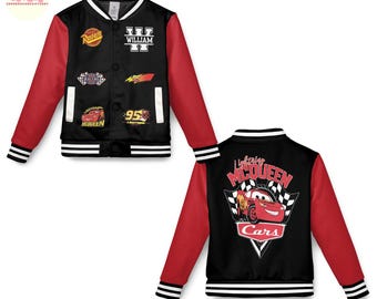 Custom Name Lightning McQueen Car Kids and Youth Baseball Jacket, Adult Unisex Varsity Baseball Jacket, Disney Cars Baseball Jacket