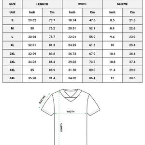 May include: An all-over print football jersey size chart. The chart includes measurements in inches and centimeters for length, width, and sleeve length, ranging from size S to 5XL. A diagram of a jersey is also included.