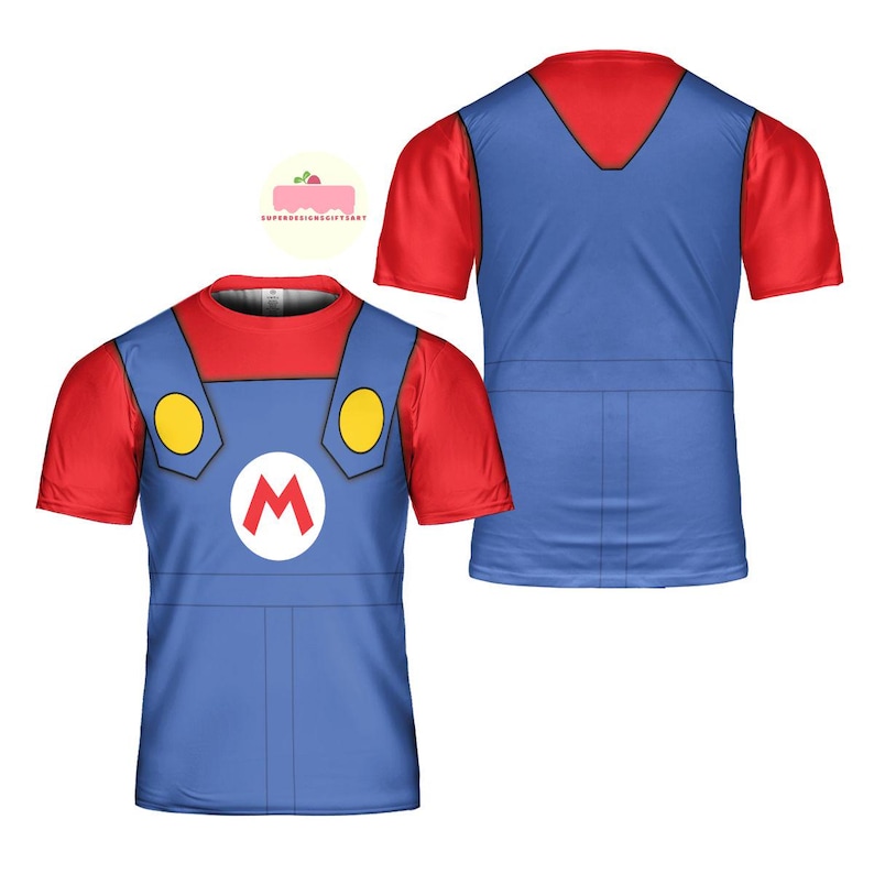 May include: A red and blue t-shirt featuring a design inspired by the character Mario. The shirt has a red short-sleeve top with a blue overall design, yellow circles, and a large white "M" with a red outline. The back of the shirt is also visible.