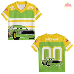 May include: A yellow, green, and white short-sleeved jersey with a V-neck collar. The front features a cartoon car graphic and the number 36. The back has the text "CUSTOM NAME" and the number 00.