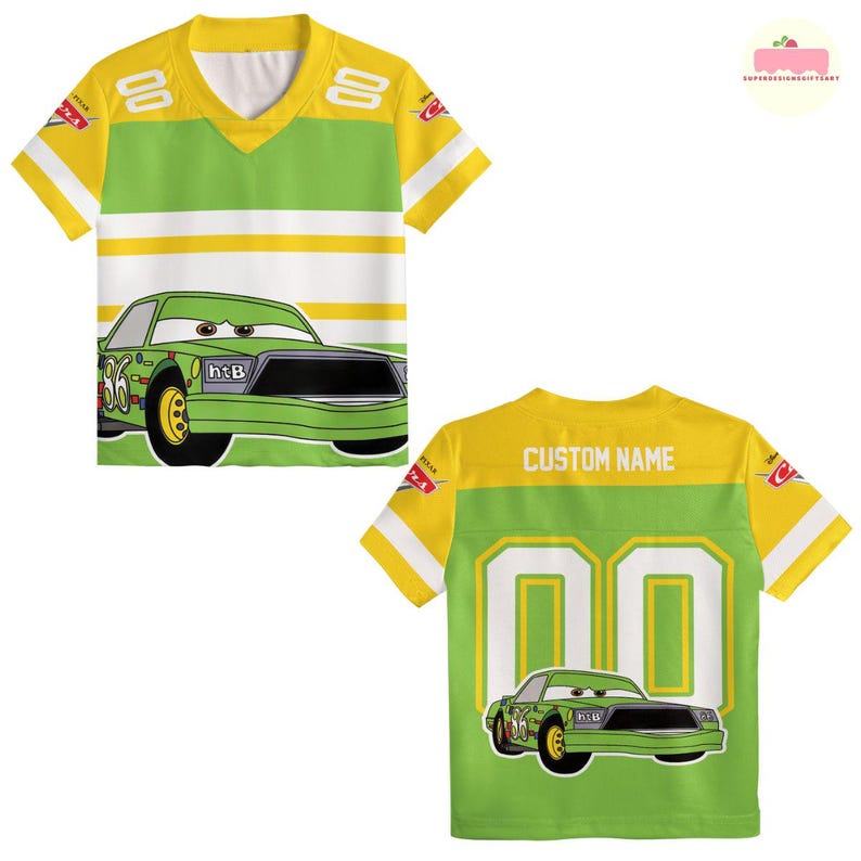 May include: A yellow, green, and white short-sleeved jersey with a V-neck collar. The front features a cartoon car graphic and the number 36. The back has the text "CUSTOM NAME" and the number 00.