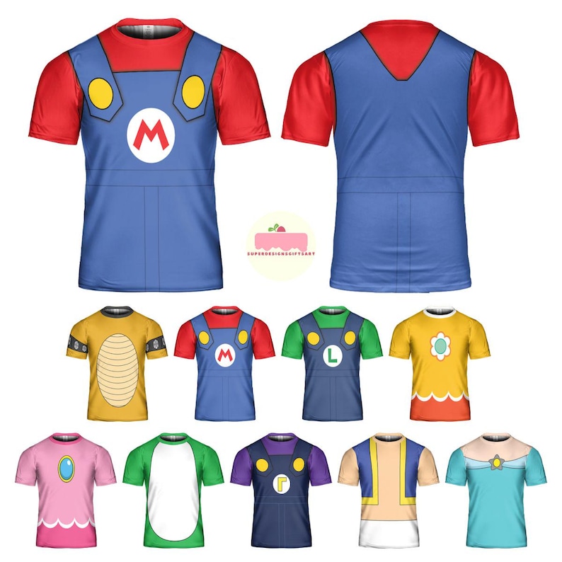 May include: A collection of colorful t-shirts featuring various video game character designs. The shirts include red, blue, yellow, green, and pink colors. Each shirt has a unique design, with some featuring character logos and details.