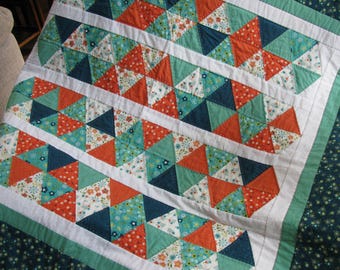 Hand Quilted Large Lap Quilt- Triangles, Green, Orange, blue, white, floral -