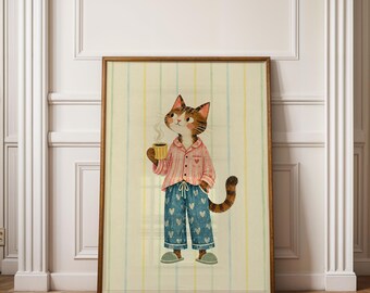 Poster „Katze im Pyjama mit Kaffee“, süßes Poster einer getigerten Katze, gemütliche Morgenszene in Aquarell, Dekoration für die Kaffeeecke in der Küche, Geschenk für Katzenliebhaber
