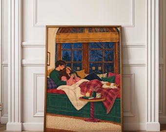 Gemütliches Pärchenposter mit regnerischem Fenster, kuschelige Abendillustration mit Katze, romantische Schlafzimmerdekoration, Geschenk zum Jahrestag