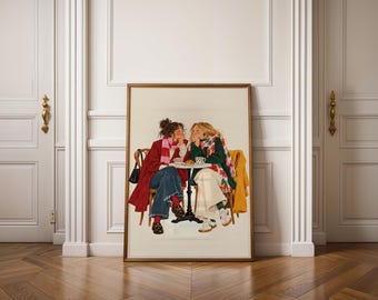 Poster zum Ausdrucken: Beste Freundinnen im Café, Kaffee und Croissant für Freundinnen, Pariser Bistro, Weihnachtsgeschenk für eine Freundin, Sofort-Download