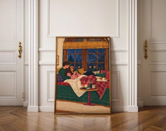 Gemütliches Pärchen am regnerischen Fenster – Poster zum Ausdrucken, Illustration einer kuscheligen Abendkatze, romantische Schlafzimmerdekoration, digitaler Download