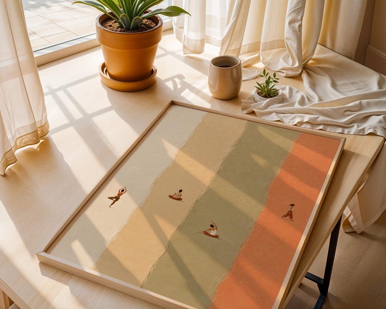 May include: A rectangular framed wall art print featuring four vertical color-blocked sections in cream, yellow, sage green, and terracotta. Small, minimalist illustrations of figures in various yoga poses are positioned within each colored panel.