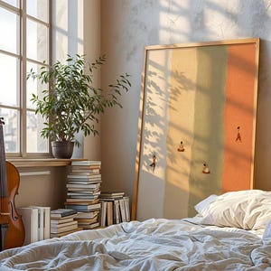 May include: A framed vertical wall art print featuring three distinct vertical color bands in cream, sage green, and terracotta orange, with small, minimalist figures depicted in various yoga poses positioned across the colored sections.