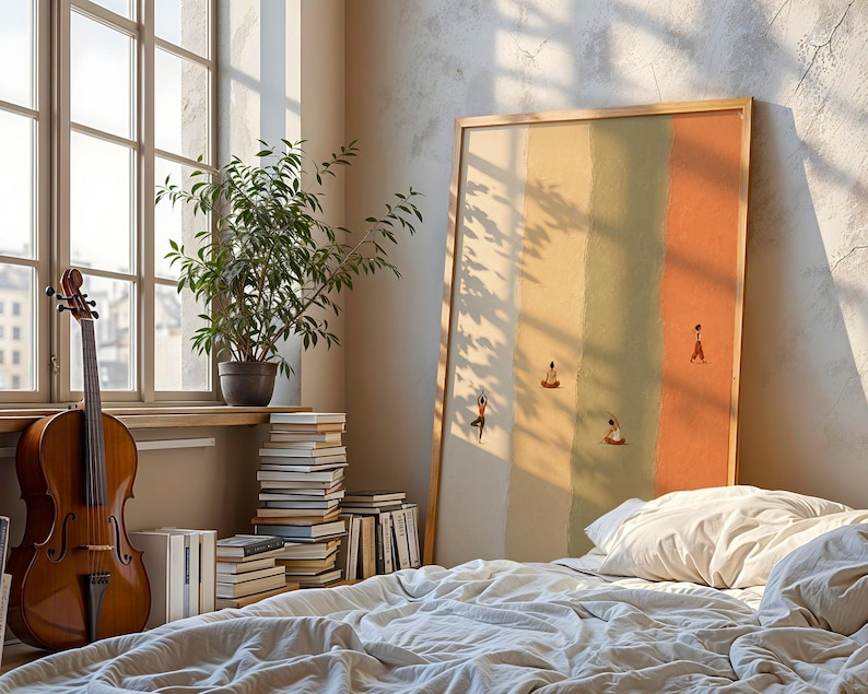 May include: A framed vertical wall art print featuring three distinct vertical color bands in cream, sage green, and terracotta orange, with small, minimalist figures depicted in various yoga poses positioned across the colored sections.