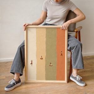 May include: A rectangular framed wall art piece featuring four vertical textured color panels in cream, yellow, sage green, and terracotta. Small figures are depicted in various yoga poses across the panels, including tree and seated positions.