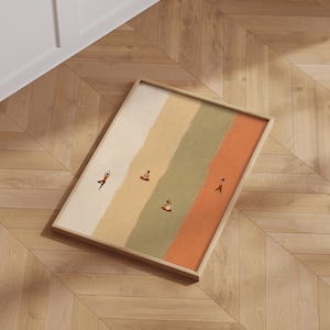 May include: A rectangular framed wall art print featuring four vertical color-blocked stripes in cream, beige, sage green, and terracotta. Small, minimalist figures are depicted in various yoga poses across the textured, painted background.