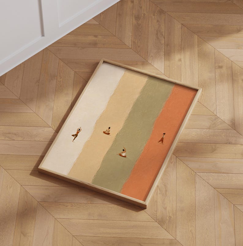 May include: A rectangular framed wall art print featuring four vertical color-blocked stripes in cream, beige, sage green, and terracotta. Small, minimalist figures are depicted in various yoga poses across the textured, painted background.
