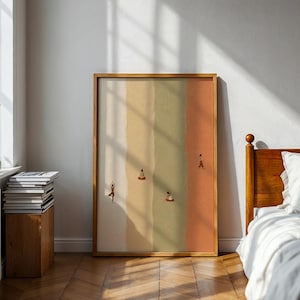 May include: A rectangular framed wall art print featuring four vertical panels in shades of cream, tan, olive green, and terracotta. The artwork depicts small, stylized figures performing various yoga poses across the textured color segments.