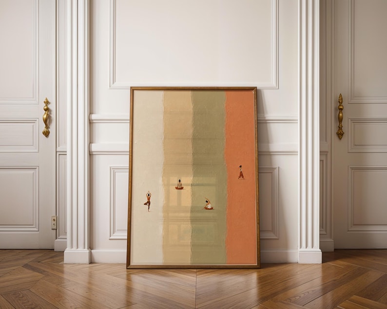 May include: A framed vertical wall art print featuring four distinct vertical color bands in cream, beige, sage green, and terracotta. Small, minimalist figures are depicted in various yoga poses across the colored sections of the artwork.