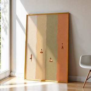 May include: A rectangular wall art print in a gold frame featuring four vertical color-blocked stripes in cream, tan, sage green, and terracotta. Small figures are depicted in various yoga poses across the textured, multi-colored background.