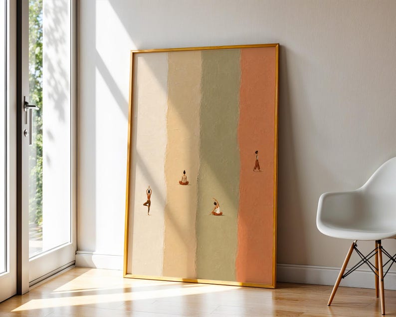 May include: A rectangular wall art print in a gold frame featuring four vertical color-blocked stripes in cream, tan, sage green, and terracotta. Small figures are depicted in various yoga poses across the textured, multi-colored background.