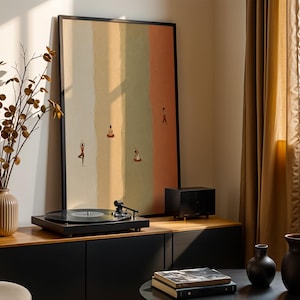 May include: A framed vertical wall art print featuring four small figures in various yoga poses against a background of four vertical color-blocked stripes in shades of cream, yellow, sage green, and terracotta, enclosed in a thin black frame.