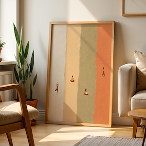 May include: A framed vertical wall art print featuring four distinct vertical color panels in cream, yellow, sage green, and terracotta. Small illustrated figures are depicted in various yoga poses and walking across the textured color blocks.
