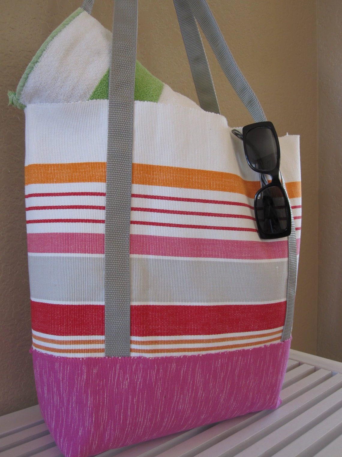 Large Beach Bag Pink and Orange Striped Etsy