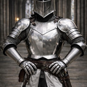 May include: A full suit of medieval armor, including a helmet with a visor, shoulder plates, and gauntlets. The silver-colored armor is detailed with chainmail and leather straps. The person is wearing a brown belt and a white undergarment.