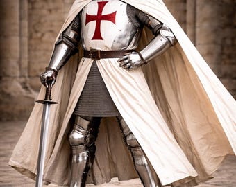 Templar Knight Full Plate Armor with White Cape | Mirror Polish Crusader Armor | Medieval Steel Armor