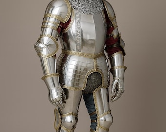 中世のフルプレートアーマー | 研磨されたスチールと真鍮のトリム | コレクター向けアーマー | LARP、コスプレ、再現 | 着用可能な騎士