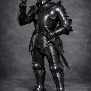 May include: Full suit of black medieval armor, including a helmet, chest plate, and leg protection. The knight is holding a sword and making a peace sign with their hand. The Medieval Store logo is visible in the top right corner.