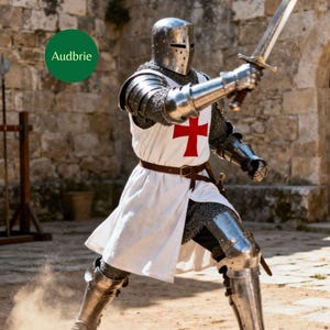 May include: A knight in full plate armor, holding a sword aloft. The knight wears a white tunic with a red cross, chainmail, and a helmet. The image includes the text "Audbrie" in a green circle.
