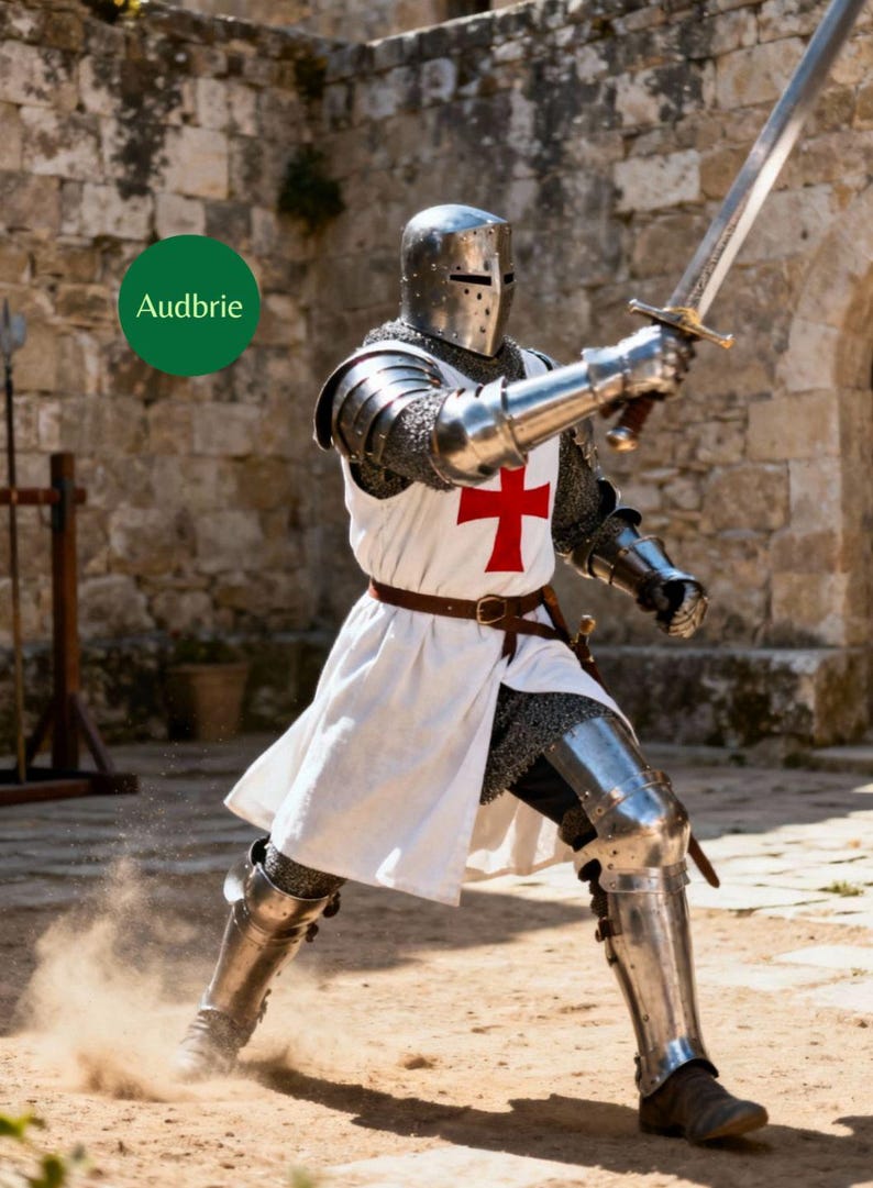 May include: A knight in full plate armor, holding a sword aloft. The knight wears a white tunic with a red cross, chainmail, and a helmet. The image includes the text "Audbrie" in a green circle.
