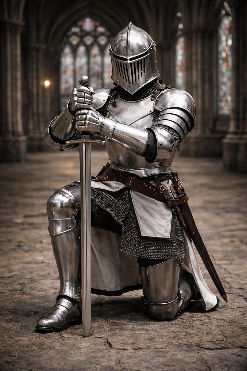 May include: A full suit of medieval knight armor, including a helmet, chest plate, and leg guards. The knight kneels, holding a sword with both hands. The armor is silver and reflective, with chainmail visible. The background is a stone hall.