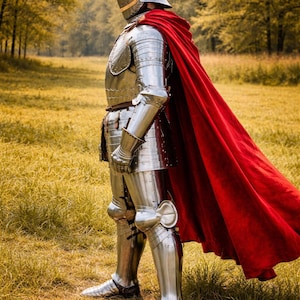 May include: A full suit of medieval armor, including a helmet, chest plate, and leg guards. The polished metal armor reflects the sunlight. A vibrant red cape flows behind the figure, set against a backdrop of a grassy field and trees.