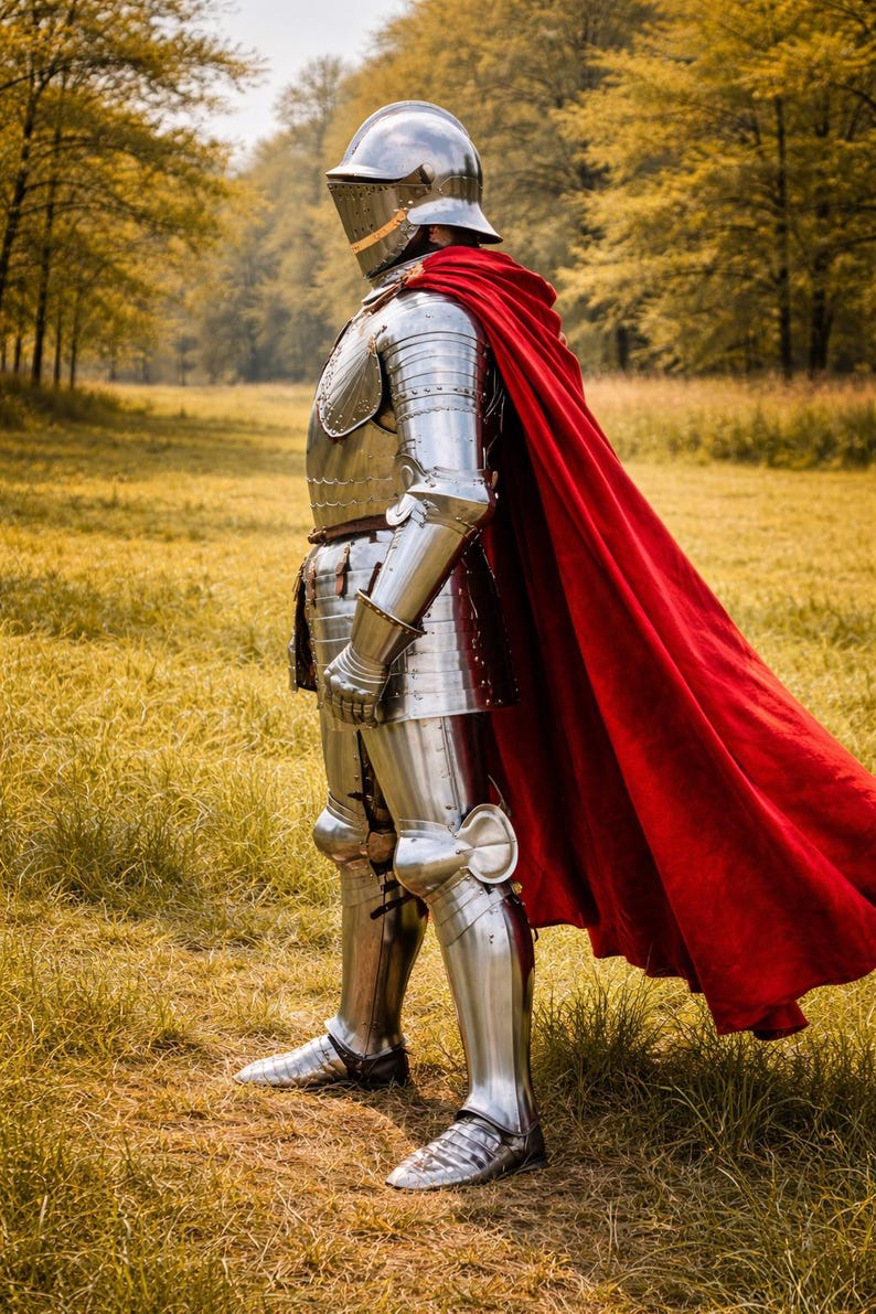 May include: A full suit of medieval armor, including a helmet, chest plate, and leg guards. The polished metal armor reflects the sunlight. A vibrant red cape flows behind the figure, set against a backdrop of a grassy field and trees.