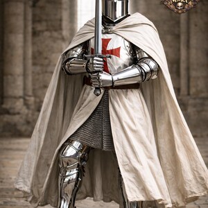 May include: A knight in full plate armor, holding a sword. The armor is highly polished, reflecting the light. The knight wears a white cape and a helmet. A red cross is visible on the chest plate. The image has a medieval theme.