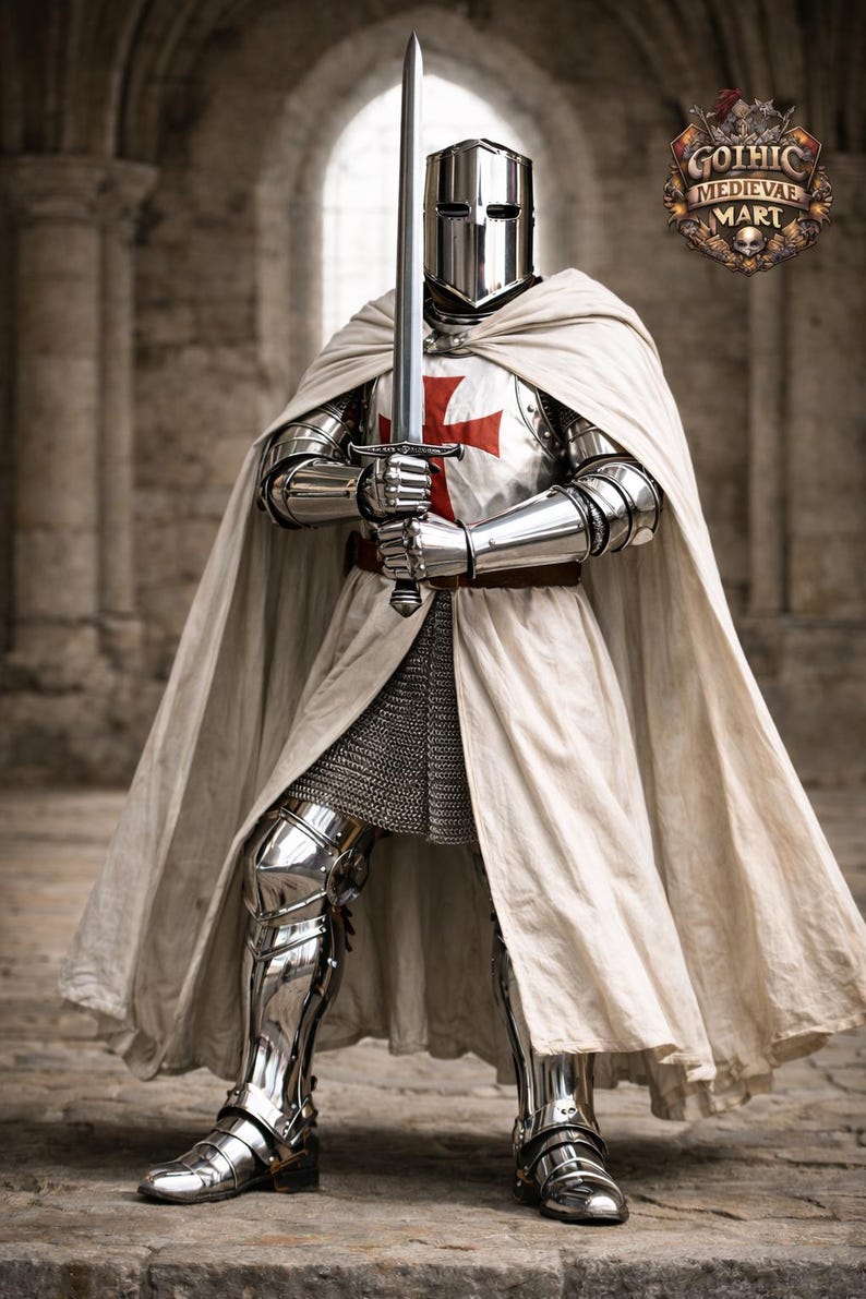 May include: A knight in full plate armor, holding a sword. The armor is highly polished, reflecting the light. The knight wears a white cape and a helmet. A red cross is visible on the chest plate. The image has a medieval theme.