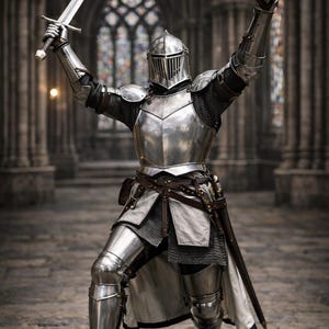 May include: A full suit of polished steel armor, including a helmet, chest plate, and leg guards. The knight raises a sword in one hand and a fist in the other. The background is a stone cathedral.